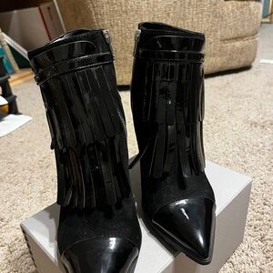 Black Fringe Pointed Toe Ankle Boots
